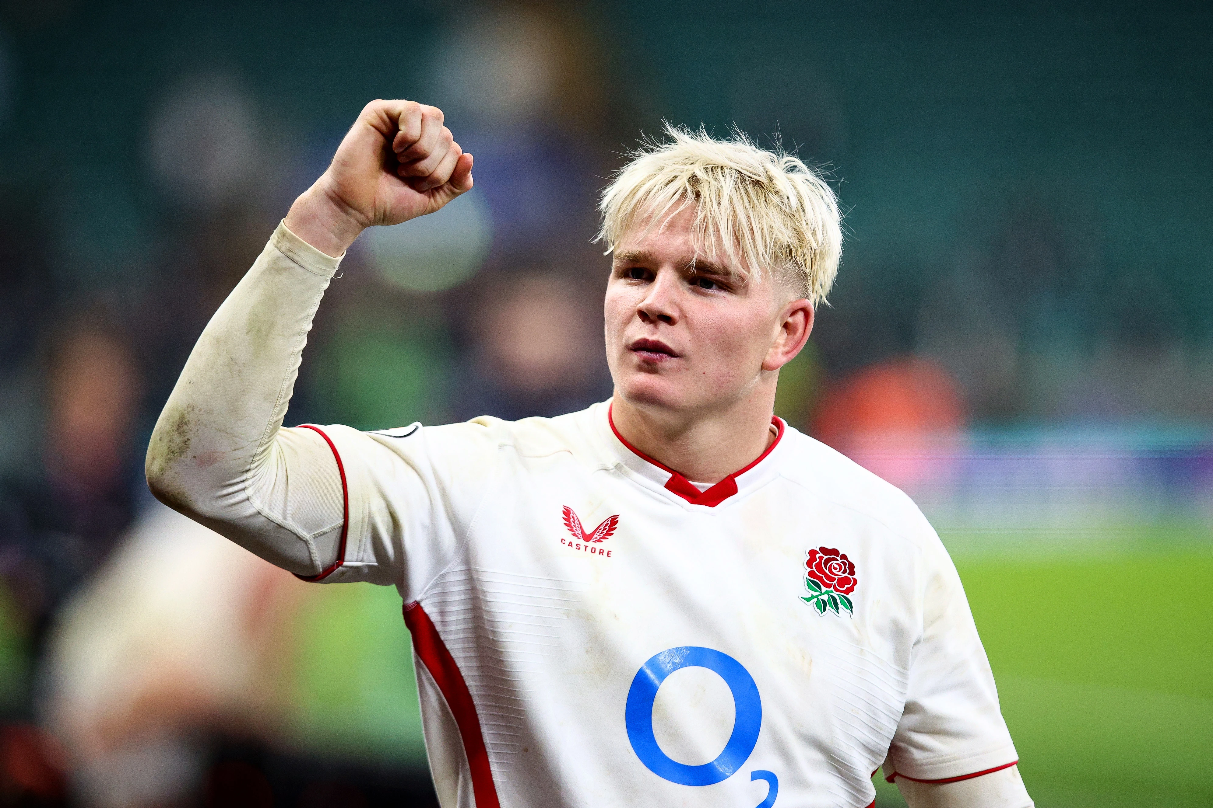 England's Henry Pollock pumps his fist in celebration after the 2025 Quilter Nations Series win against New Zealand.