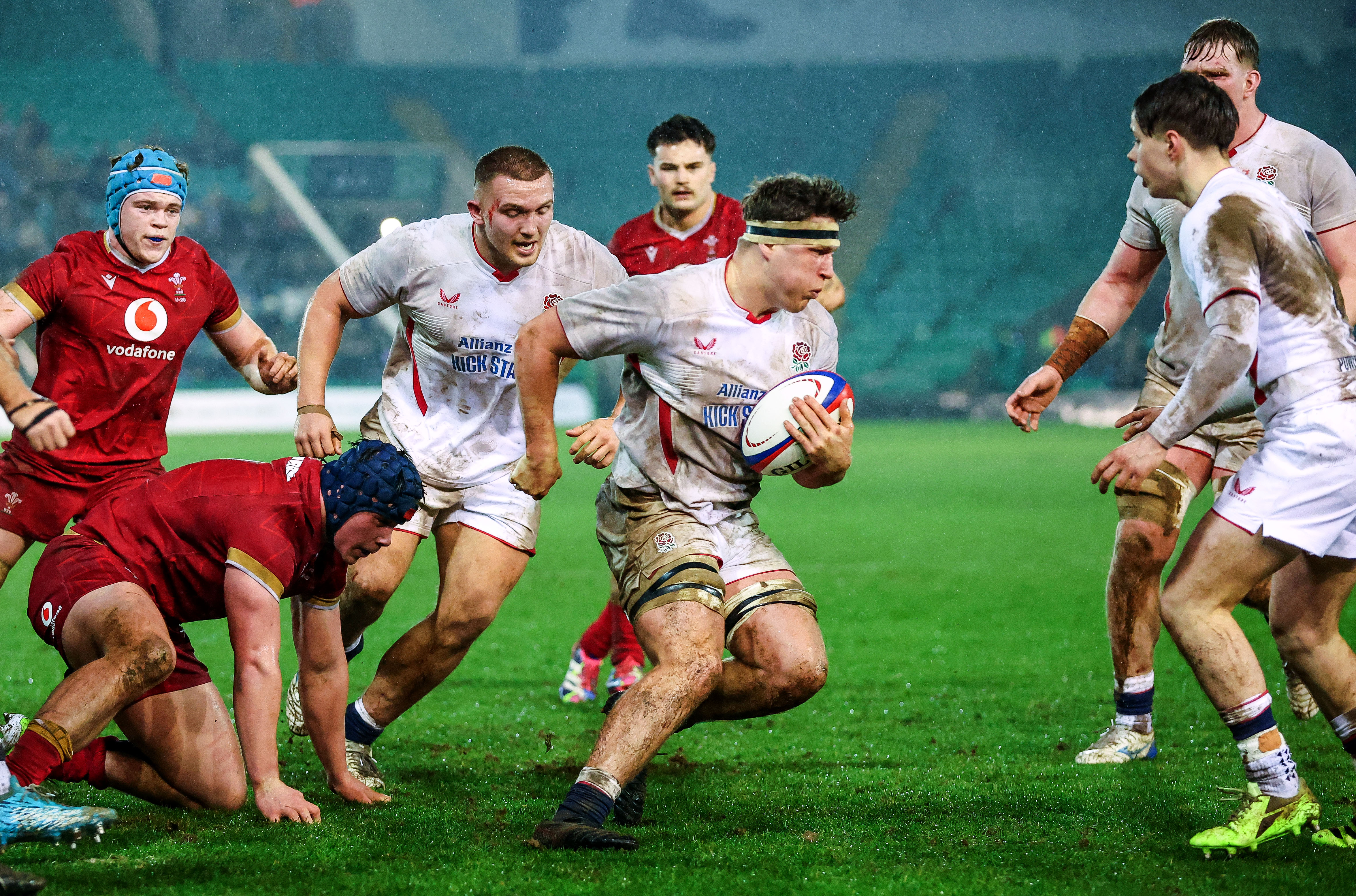 England's Connor Treacey carries the ball against Wales the 2026 Under 20 Six Nations Championship Round 1 game at Franklin's Gardens, Northampton.