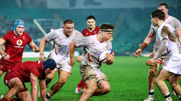 England's Connor Treacey carries the ball against Wales the 2026 Under 20 Six Nations Championship Round 1 game at Franklin's Gardens, Northampton.