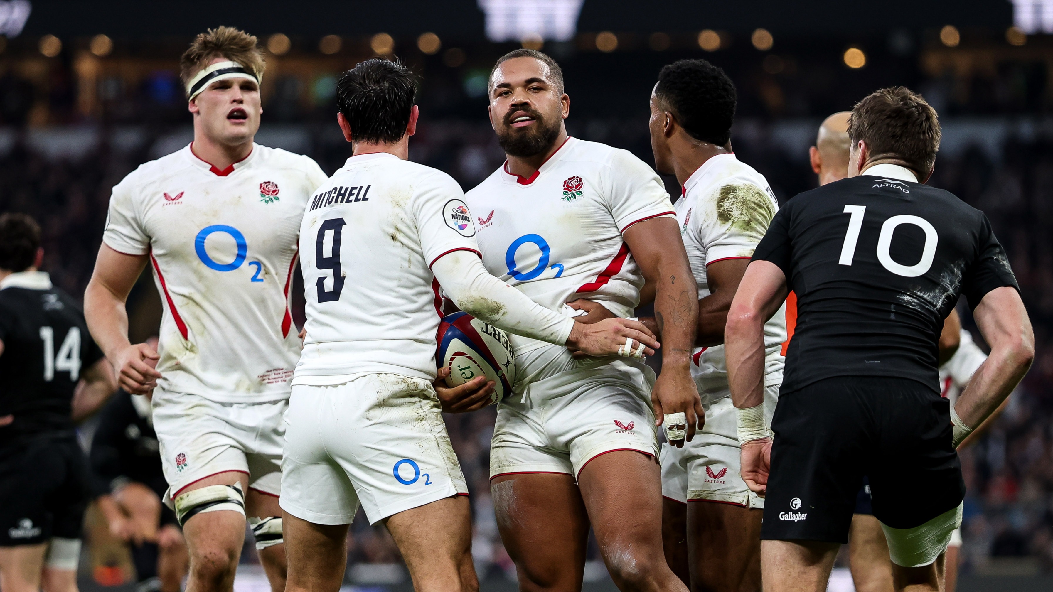 Ollie Lawrence mobbed by teammates following his try against the All Blacks in the 2025 Quilter Nations Series match.