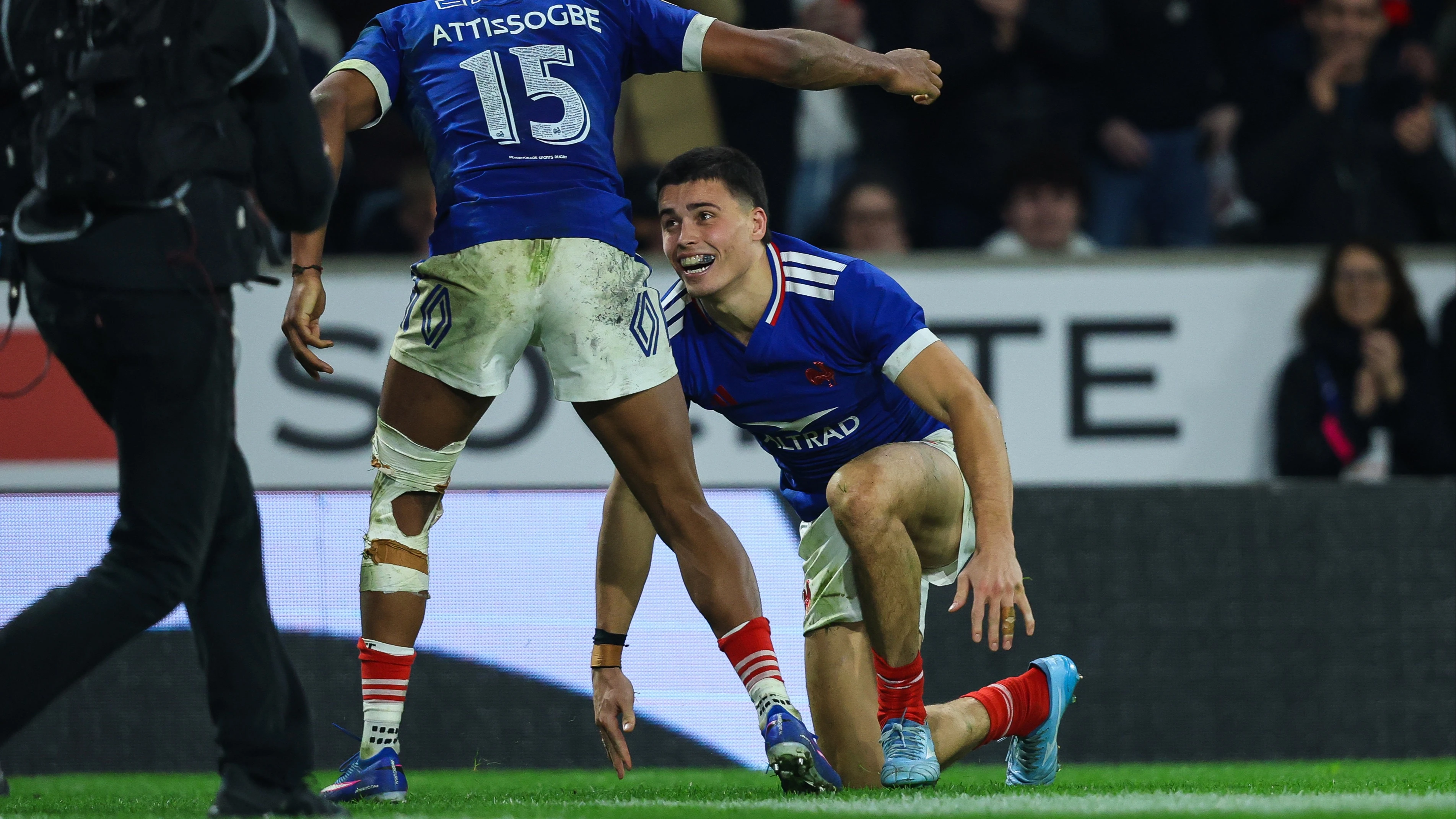 Gaël Dréan smiles having just scored a try on his Test debut against Italy in Lille during the 2026 Championship.