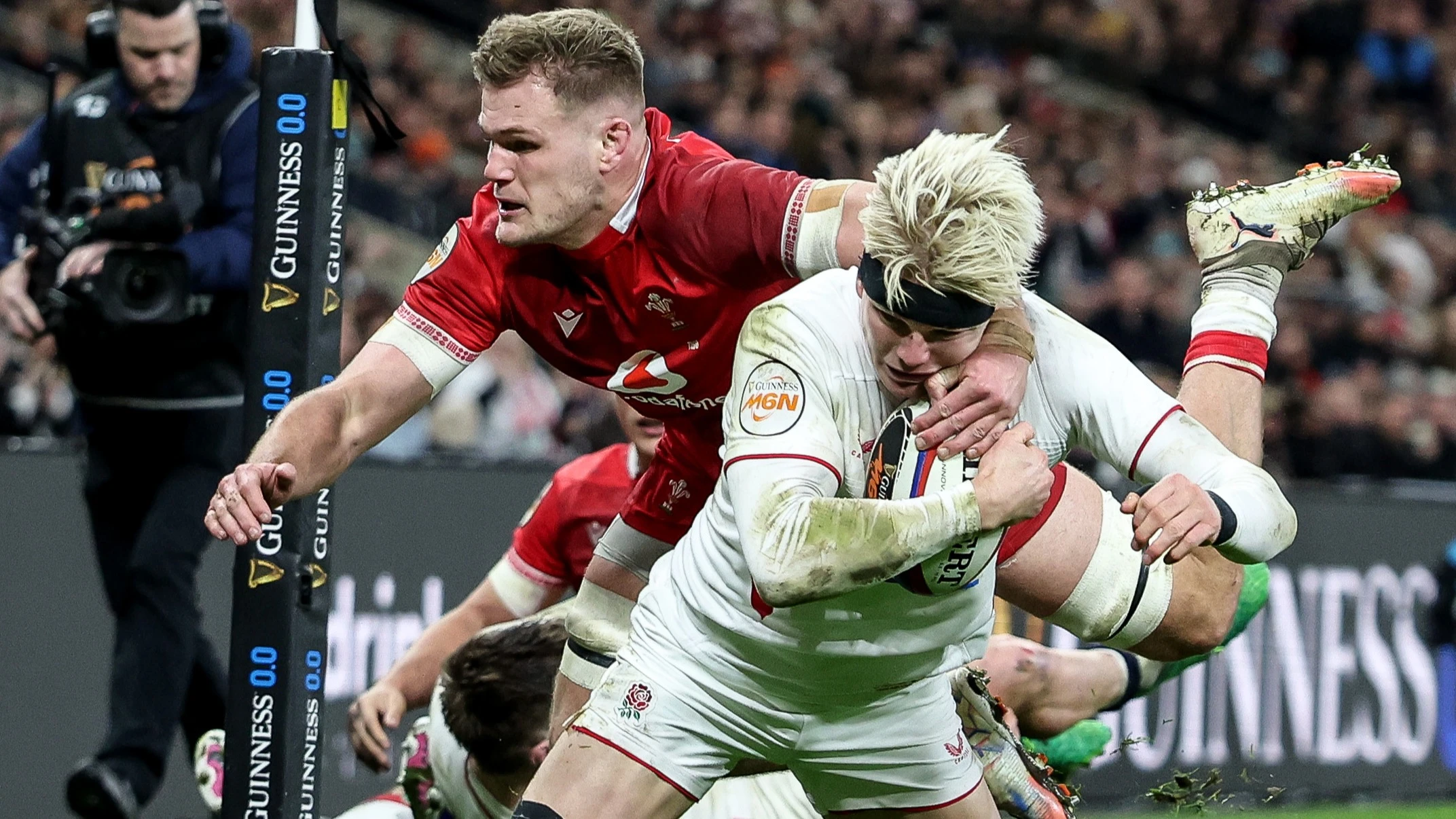 Henry Pollock on his way to scoring a try that would later be ruled out during the 2026 Guinness Six Nations Championship Round 1 game between England and Wales in Allianz Stadium, Twickenham