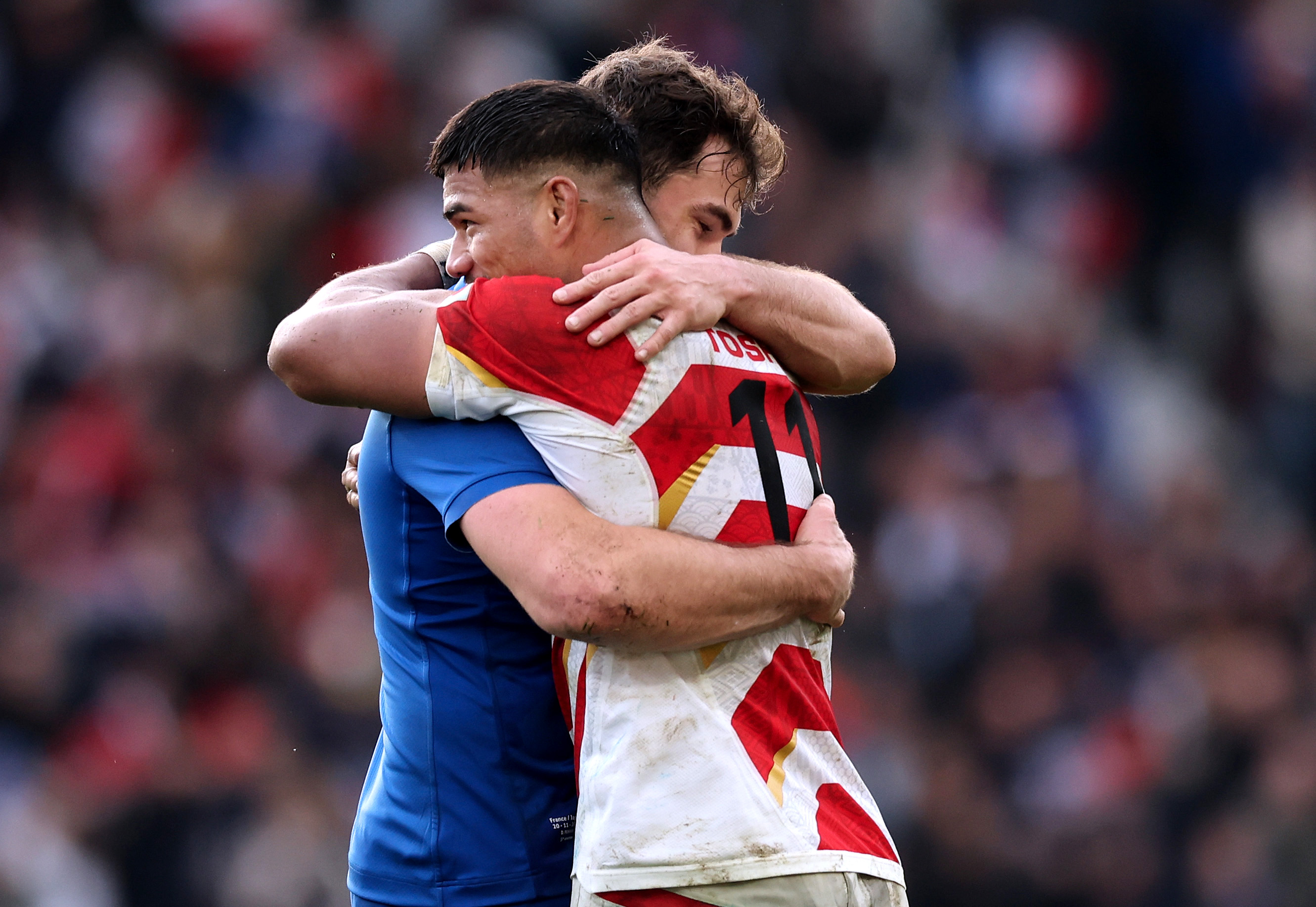 2022 Autumn Nations Series, Stadium de Toulouse, France 20/11/2022
France vs Japan
France’s Damian Penaud and Siosaia Fifita of Japan after the game
Mandatory Credit ©INPHO/James Crombie