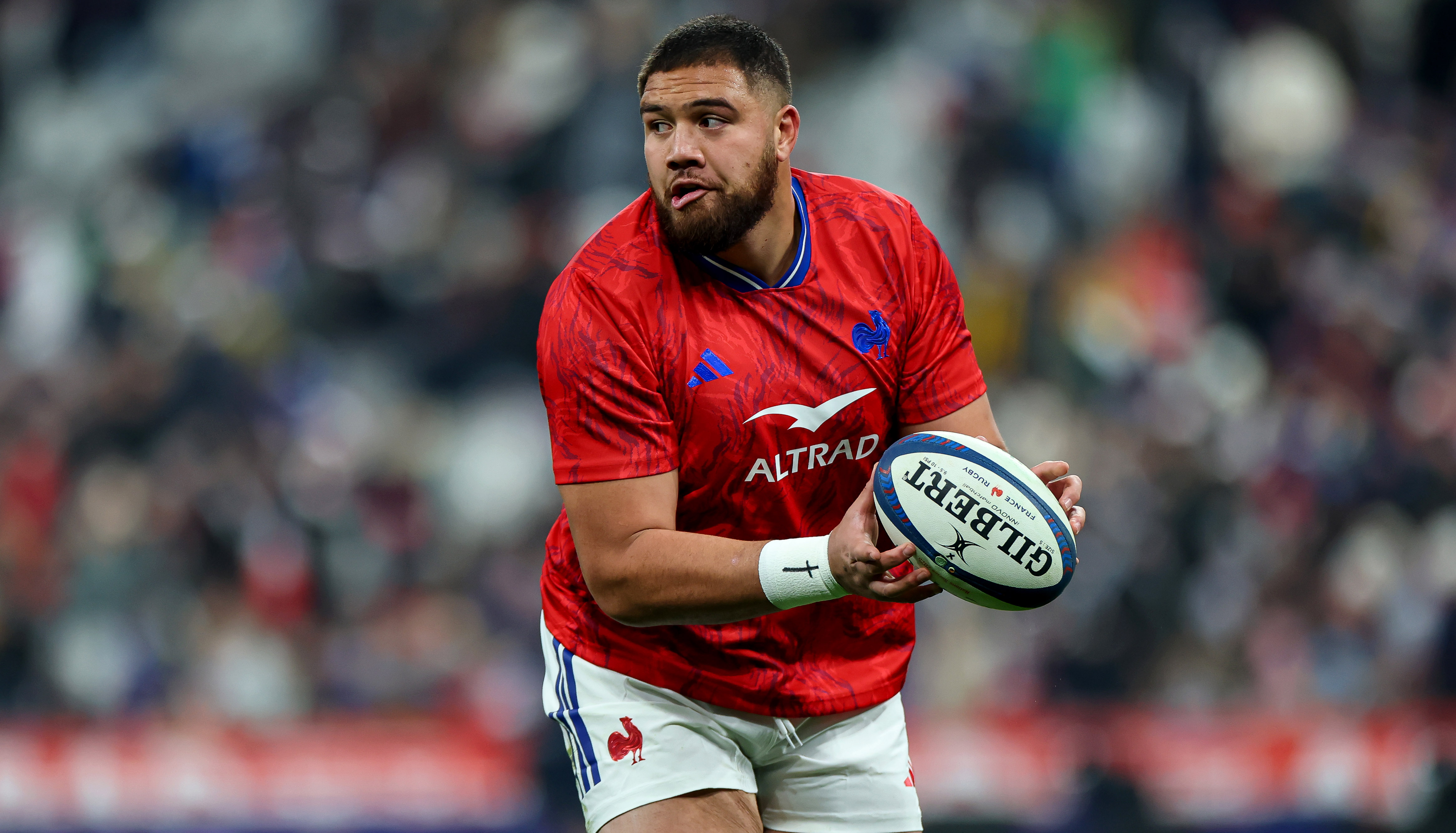 France second row Emmanuel Meafou warms up for a Quilter Nations Series match in 2025.