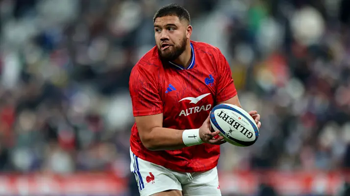 France second row Emmanuel Meafou warms up for a Quilter Nations Series match in 2025.