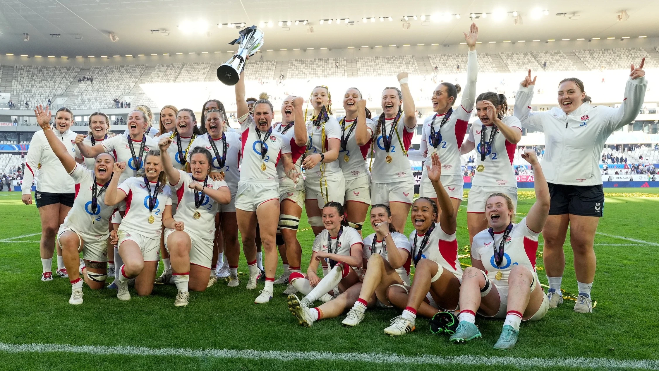 The England team lift the Women’s Six Nations trophy after the 2026 Guinness Women's Six Nations Championship Round 5 game between France and England in Matmut Atlantique, Bordeaux, France