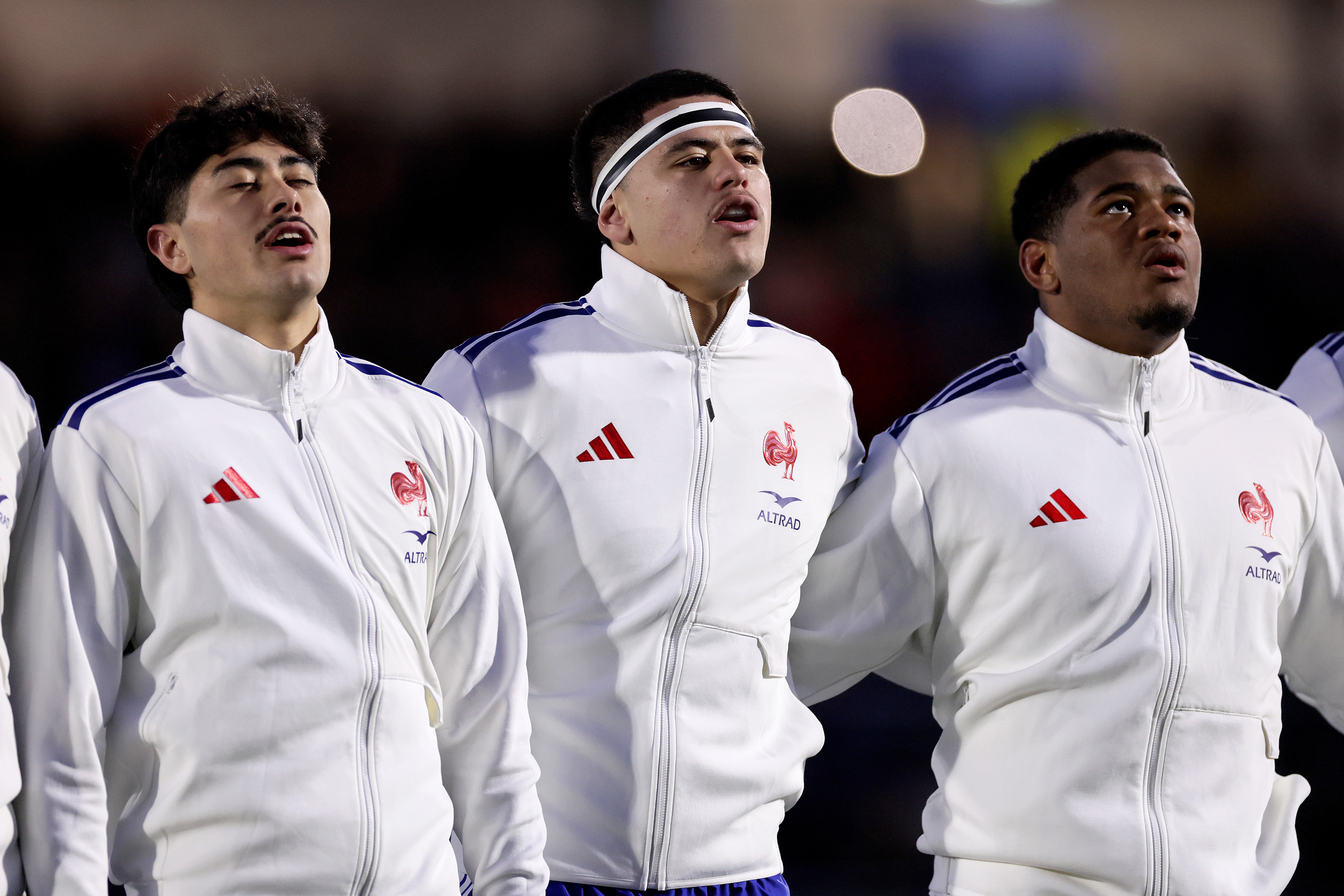 France's Luka Keletaona, Tana Keletaona and Samuel Jean-Christophe sing the National Anthem during the 2026 Under 20 Six Nations Championship Round 4 game between Scotland and France in Hive Stadium, Edinburgh,