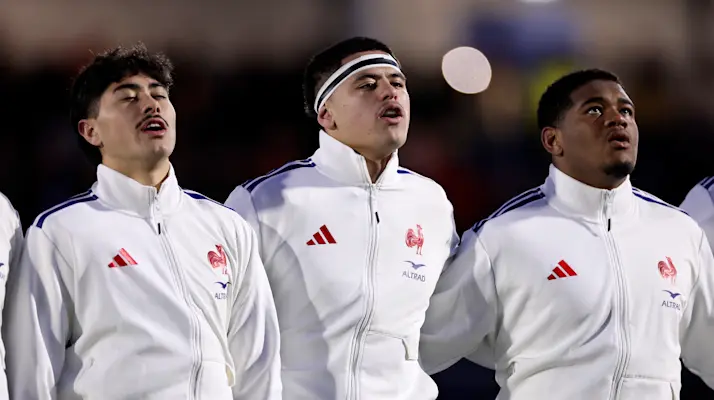 France's Luka Keletaona, Tana Keletaona and Samuel Jean-Christophe sing the National Anthem during the 2026 Under 20 Six Nations Championship Round 4 game between Scotland and France in Hive Stadium, Edinburgh,