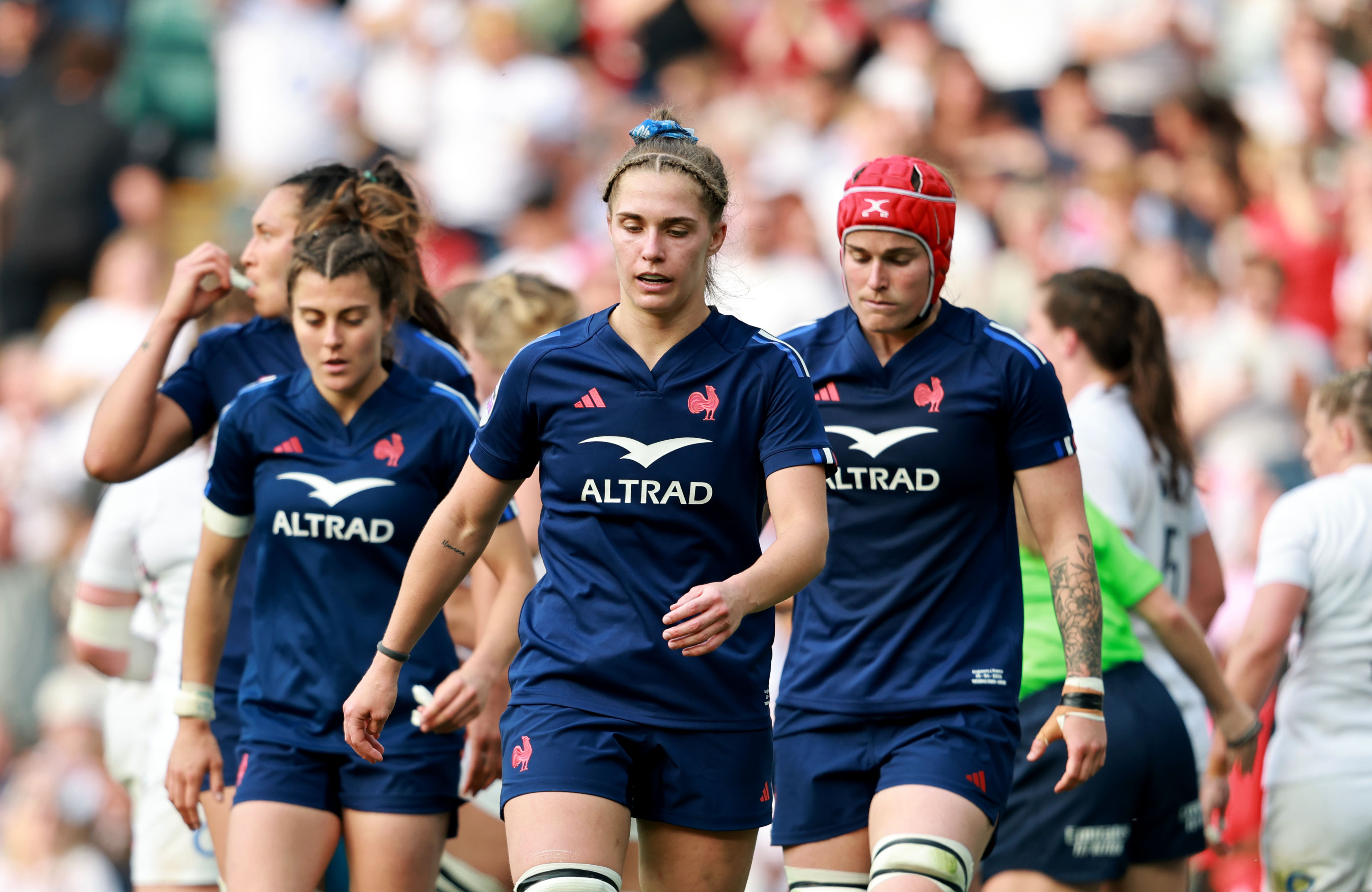 Lea Champon of France dejected after conceding a try during the 2025 Guinness Women's Six Nations Championship Round 5 game between England and France in Allianz Twickenham Stadium, London, 