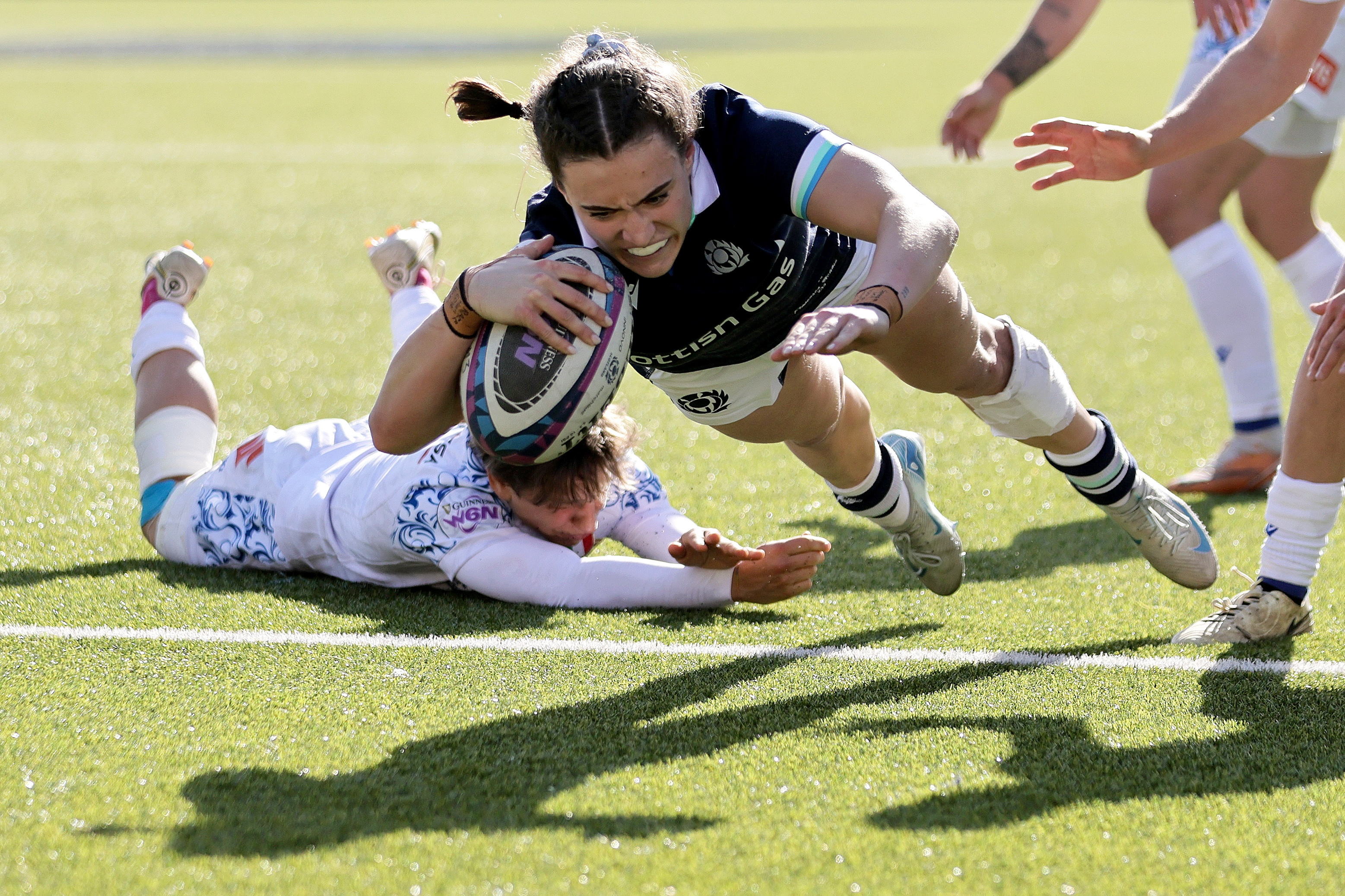Scotland's Francesca McGhie scores a try during the 2025 Guinness Women's Six Nations Championship Round 3 game between Scotland and Italy in Hive Stadium, Edinburgh, Scotland, Sunday, April 13, 2025