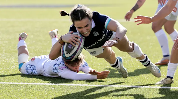 Scotland's Francesca McGhie scores a try during the 2025 Guinness Women's Six Nations Championship Round 3 game between Scotland and Italy in Hive Stadium, Edinburgh, Scotland, Sunday, April 13, 2025