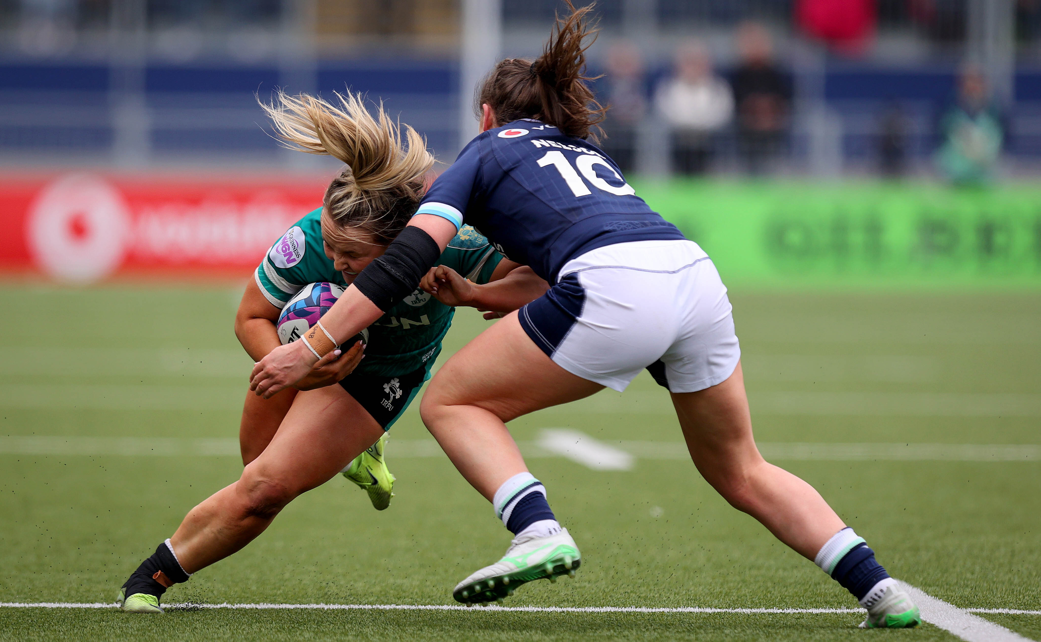 Ireland's Aoife Dalton and Scotland's Helen Nelson collide during the 2025 Guinness Women's Six Nations Championship match in Hive Stadium, Edinburgh