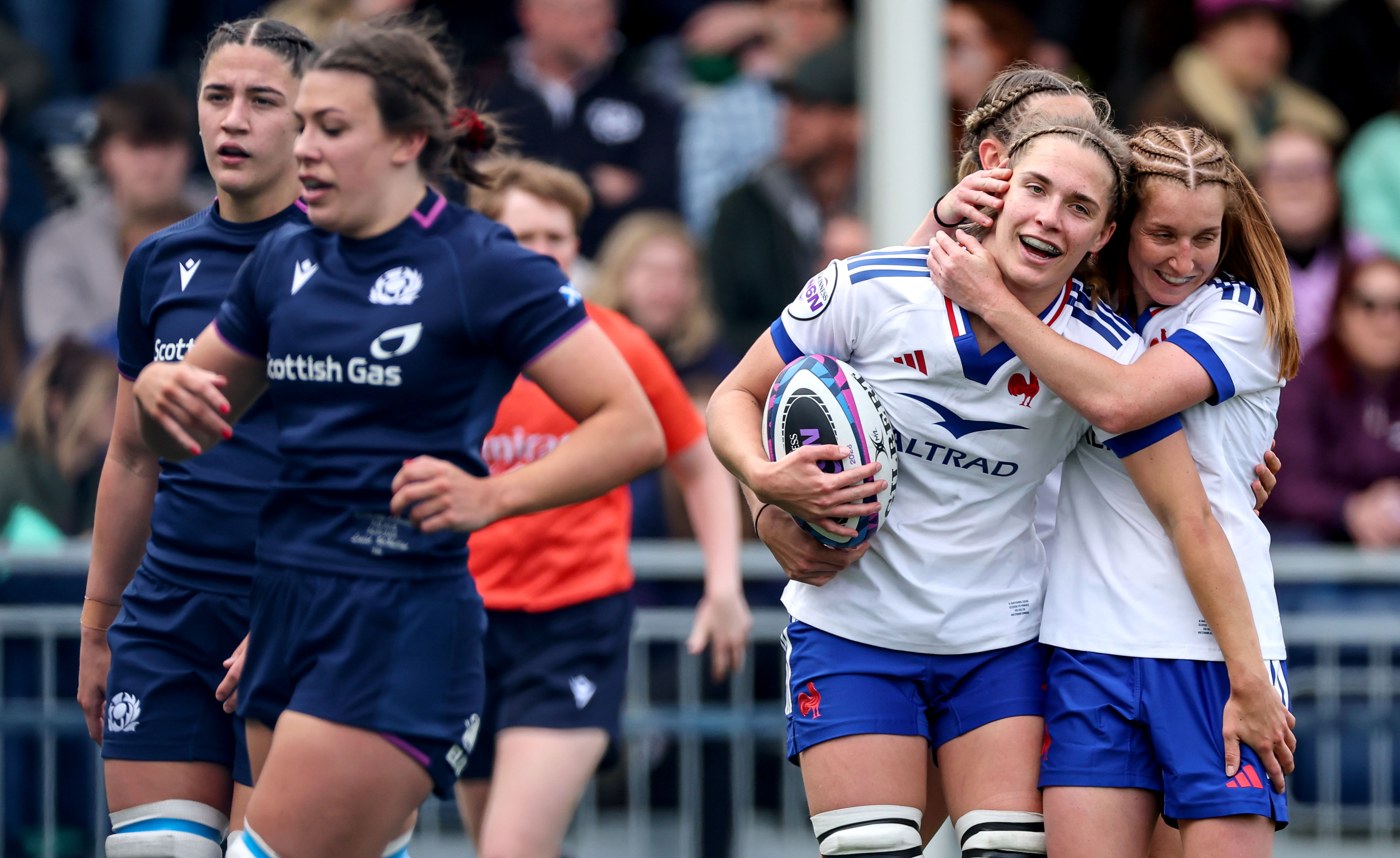 France's Lea Champon celebrates scoring a try with Pauline Bourdon Sansus during the 2026 Guinness Women's Six Nations Championship Round 4 game between Scotland and France in Hive Stadium, Edinburgh, Scotland, Saturday, May 9, 2026 (Photo by Dan Clohessy / Inpho)