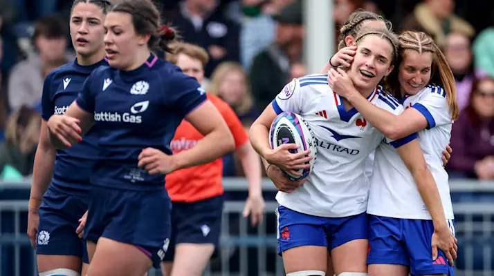 France's Lea Champon celebrates scoring a try with Pauline Bourdon Sansus during the 2026 Guinness Women's Six Nations Championship Round 4 game between Scotland and France in Hive Stadium, Edinburgh, Scotland, Saturday, May 9, 2026 (Photo by Dan Clohessy / Inpho)