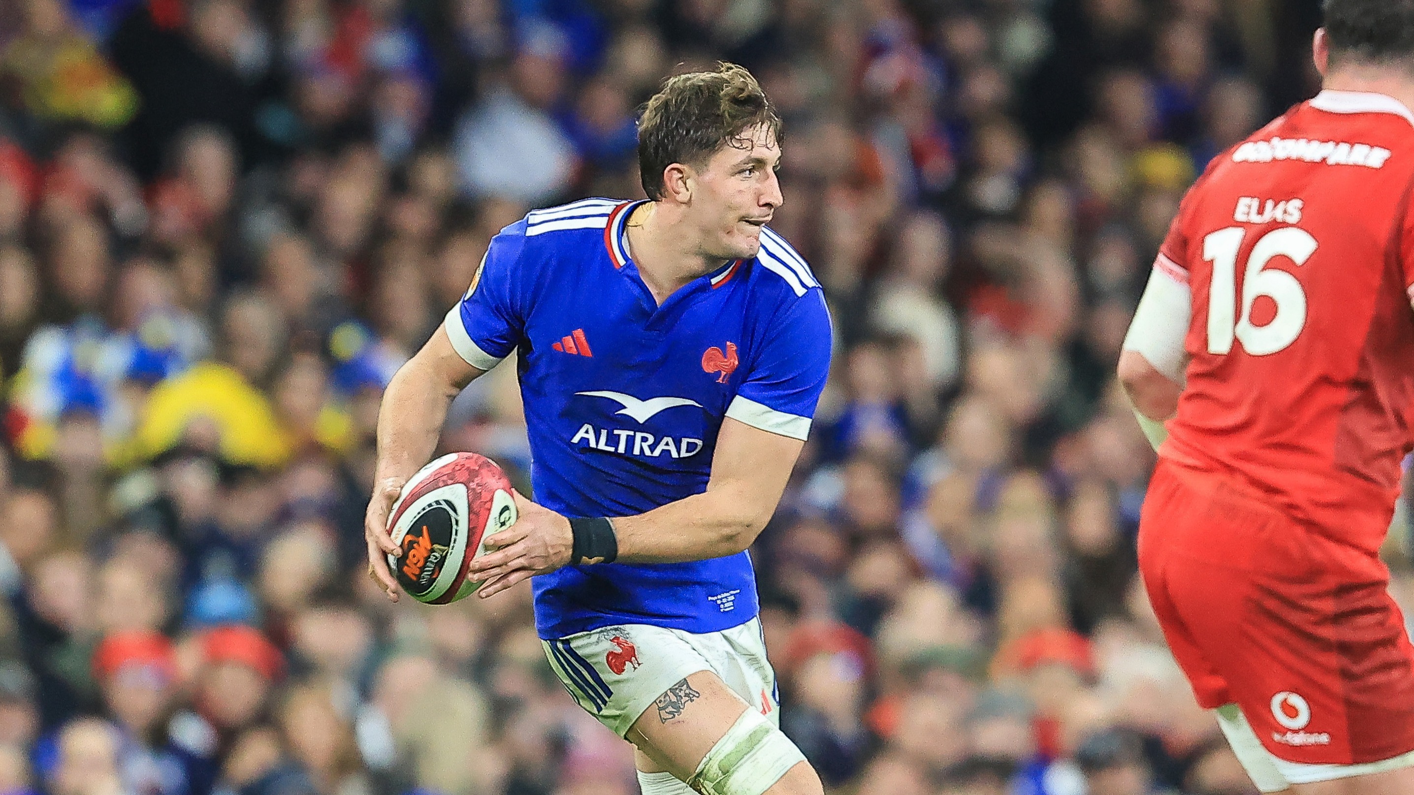 Oscar Jegou looks to pass against Wales during the 2026 Championship match in Cardiff.