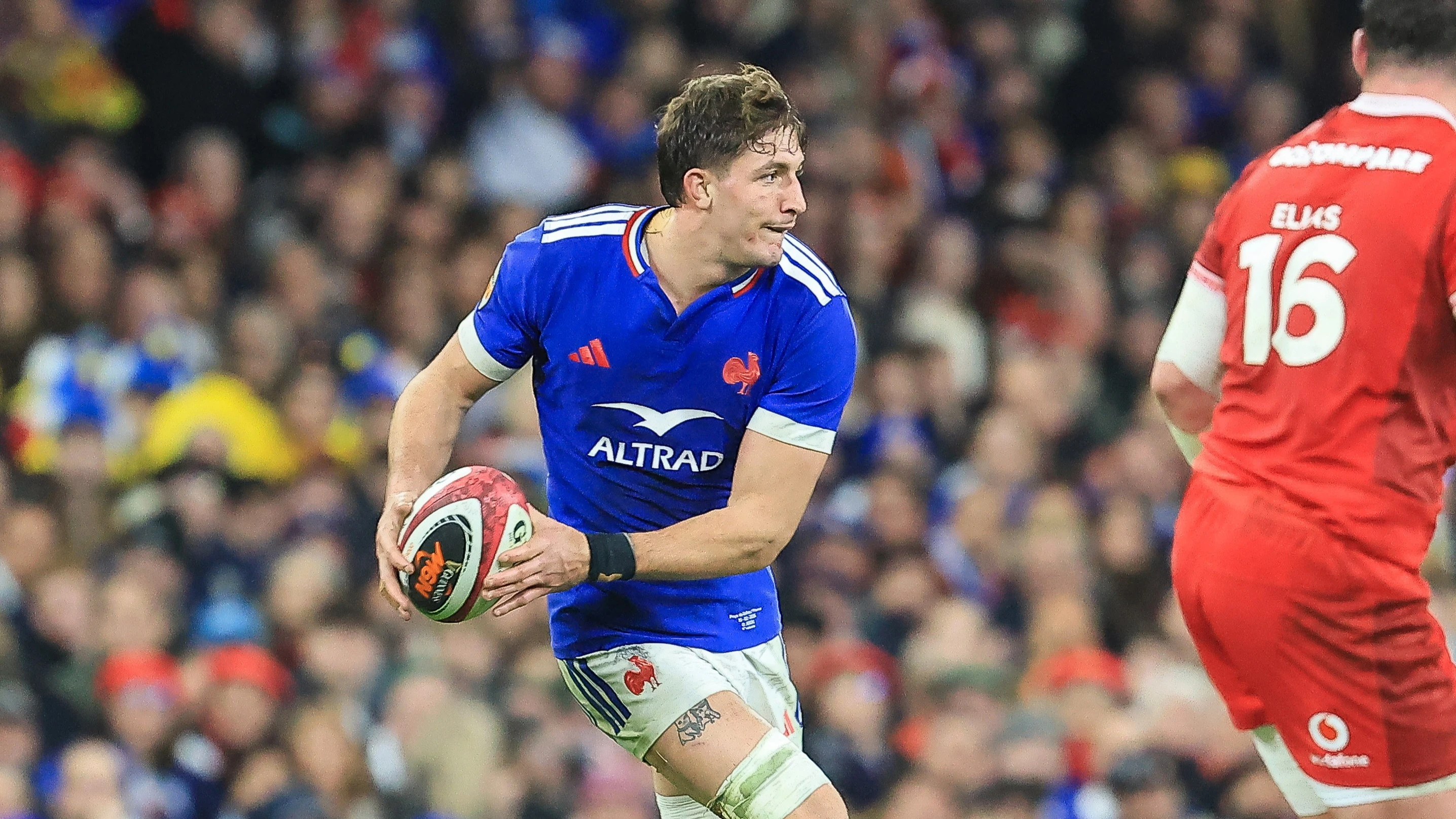 Oscar Jegou looks to pass against Wales during the 2026 Championship match in Cardiff.