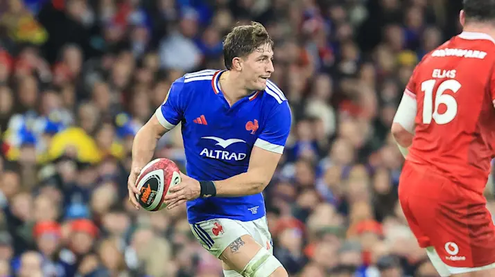 Oscar Jegou looks to pass against Wales during the 2026 Championship match in Cardiff.