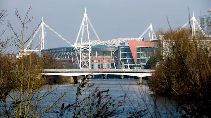 A view of Cardiff's Principality Stadium from the Millennium Footbridge.