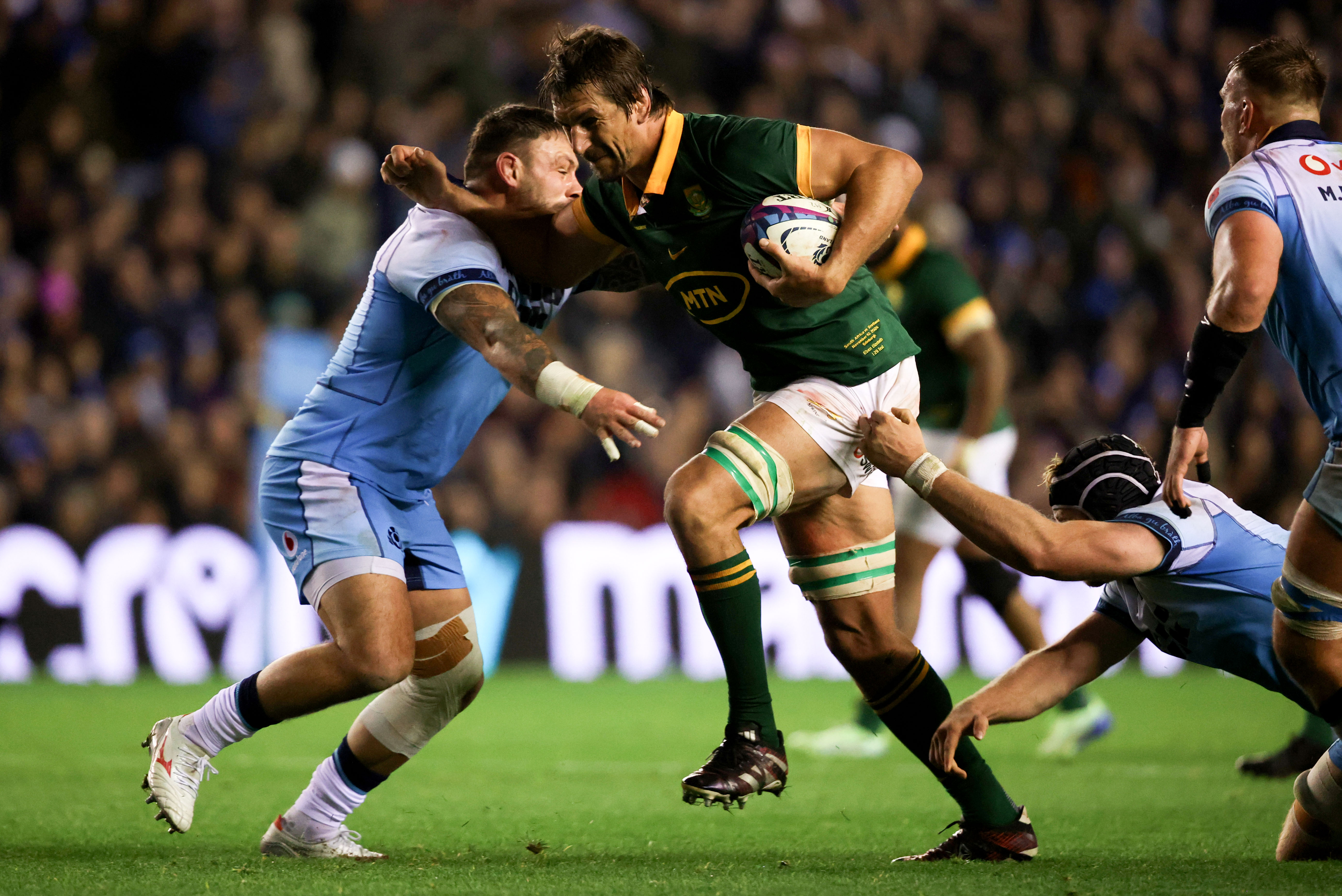 South Africa's Eben Etzebeth comes up against Scotland's Rory Sutherland during the Autumn Nations Series between Scotland and South Africa at Scottish Gas Murrayfield Stadium, Scotland Sunday, November 10th, 2024
