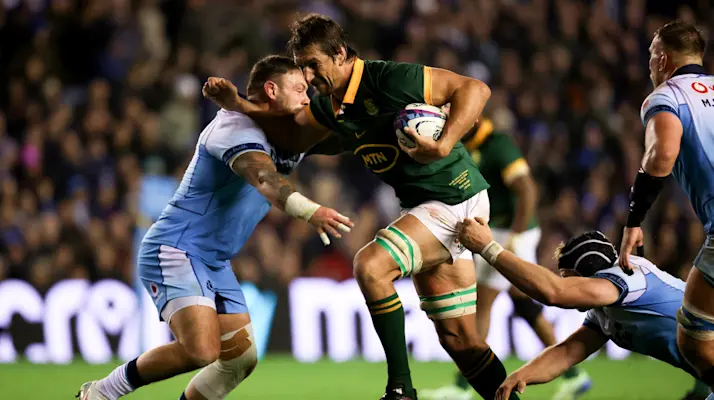 South Africa's Eben Etzebeth comes up against Scotland's Rory Sutherland during the Autumn Nations Series between Scotland and South Africa at Scottish Gas Murrayfield Stadium, Scotland Sunday, November 10th, 2024