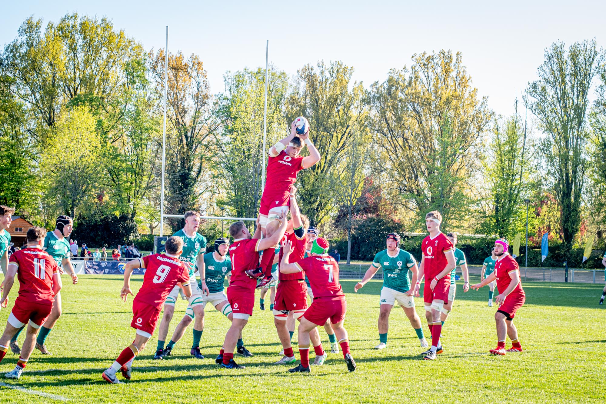 Wales and Ireland contest for the ball in Vichy, France