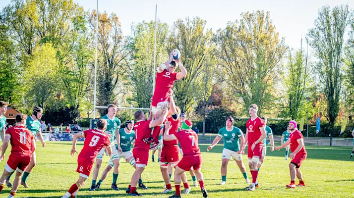 Wales and Ireland contest for the ball in Vichy, France