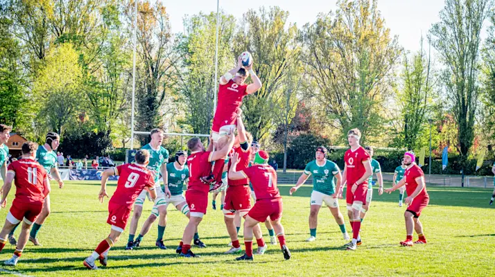 Wales and Ireland contest for the ball in Vichy, France