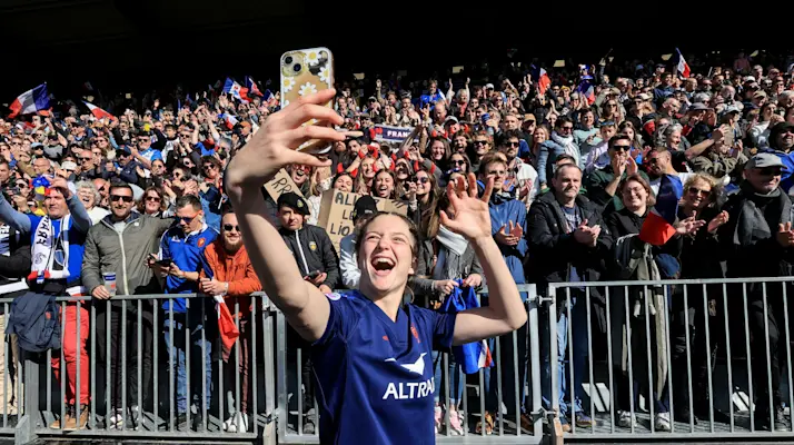Morgane Bourgeois of France celebrates after the 2025 Guinness Women's Six Nations Championship Round 2 game between France and Scotland in the Stade Marcel-Deflandre, La Rochelle, France, Saturday, March 29, 2025 (Photo by Dan Sheridan / Inpho)