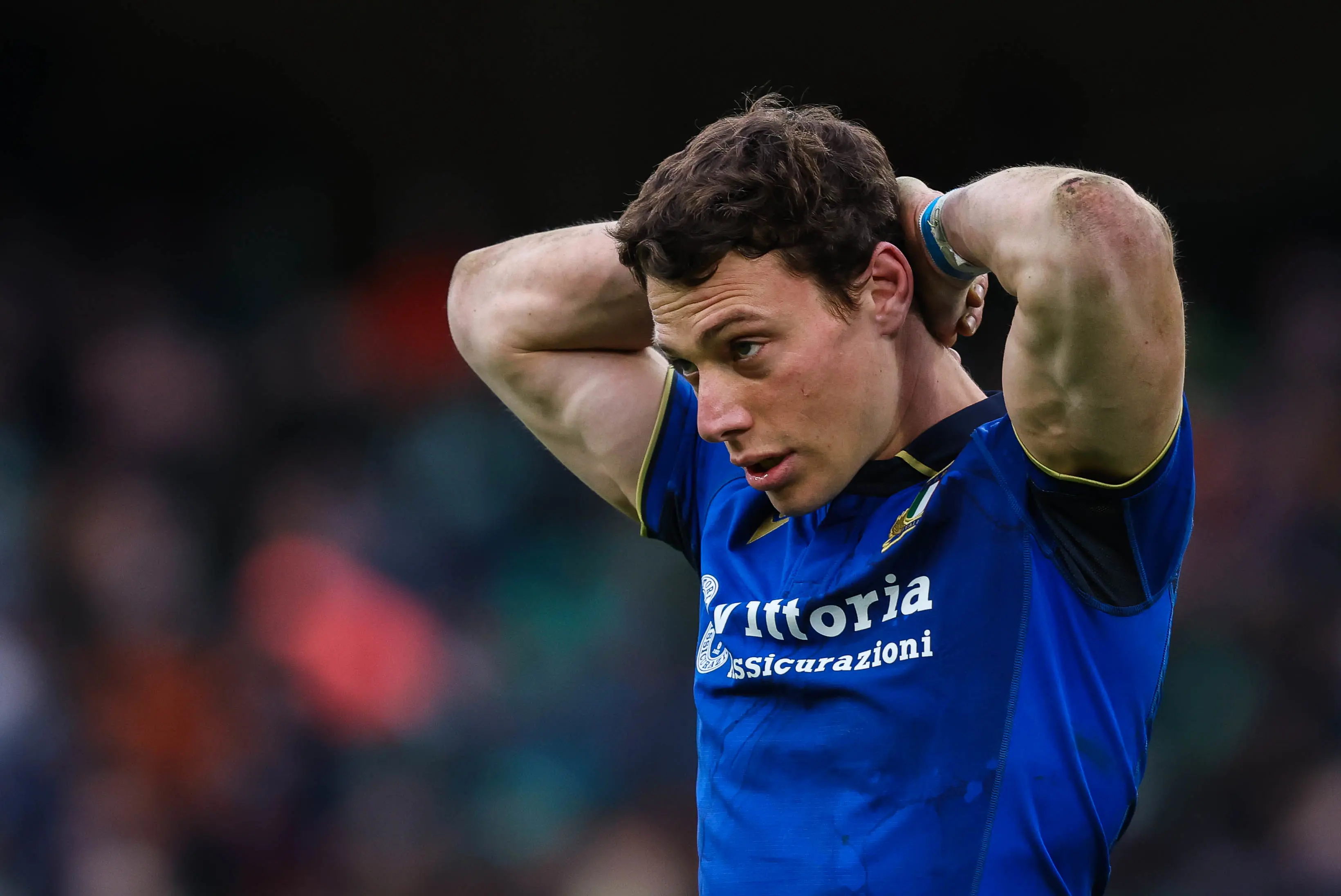 Paolo Garbisi looks dismayed at the end of Italy's narrow loss to Ireland in the 2026 Championship.