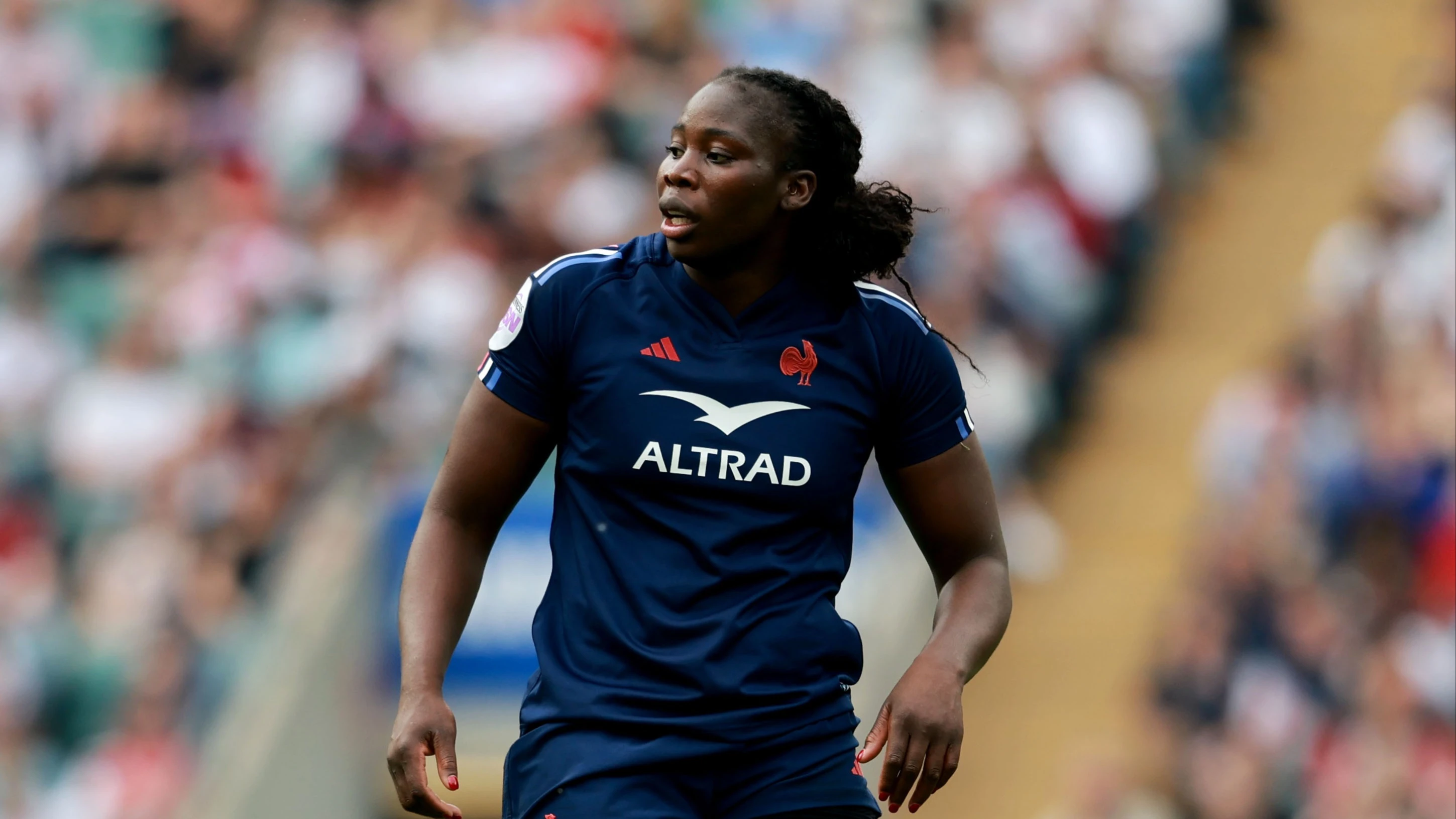 Madoussou Fall Raclot of France during the 2025 Guinness Women's Six Nations Championship Round 5 game between England and France in Allianz Twickenham Stadium, London