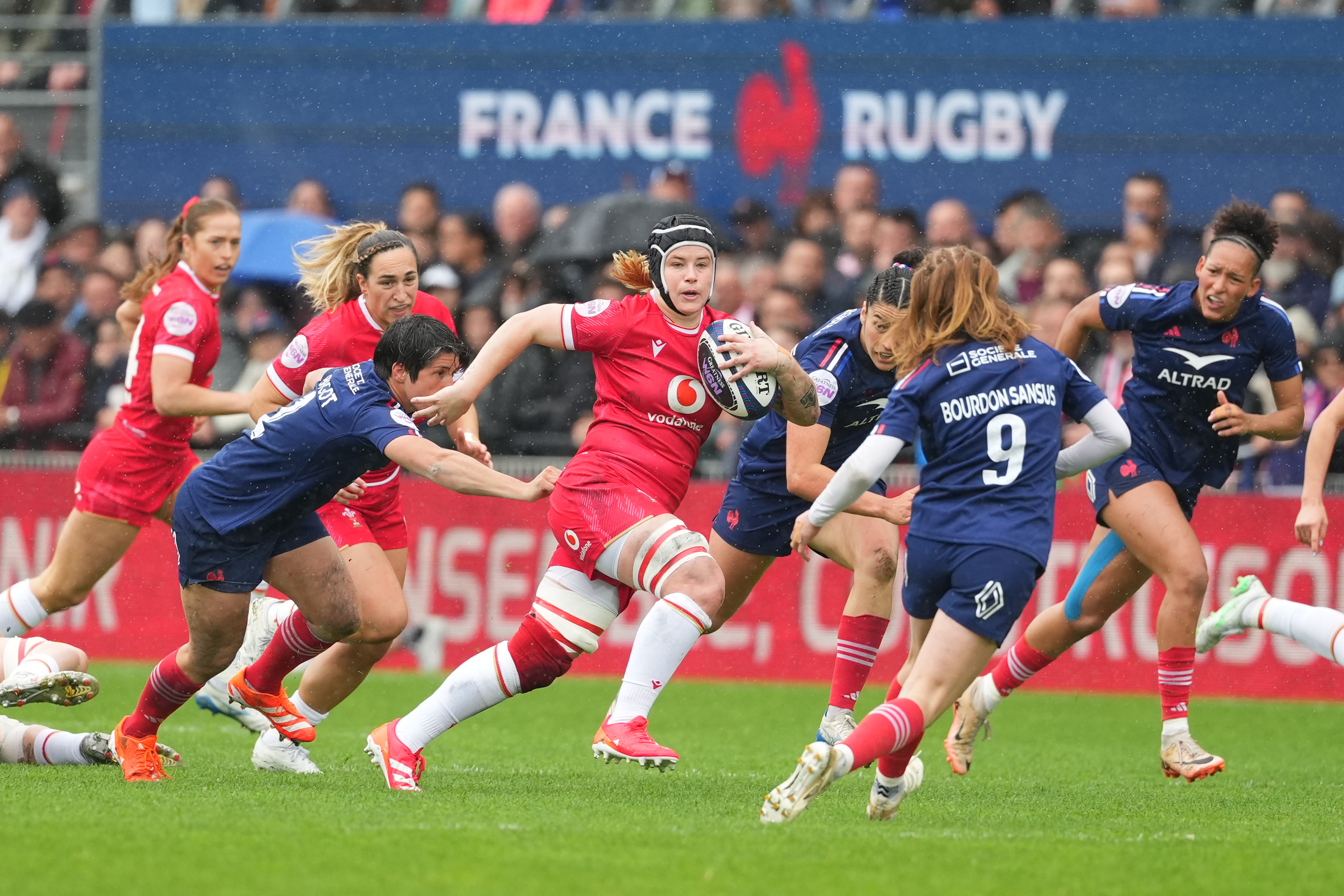 Bethan Lewis of Wales makes a break during the 2025 Guinness Women’s Six Nations Championship Round 3 game between France and Wales in the Stade Amedee-Domenech, Brive