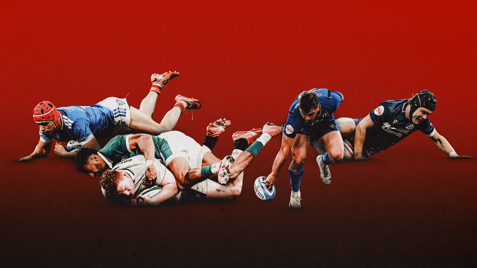 A graphic depicting four of the nominees for the 2026 Try of the Championship in the act of scoring.