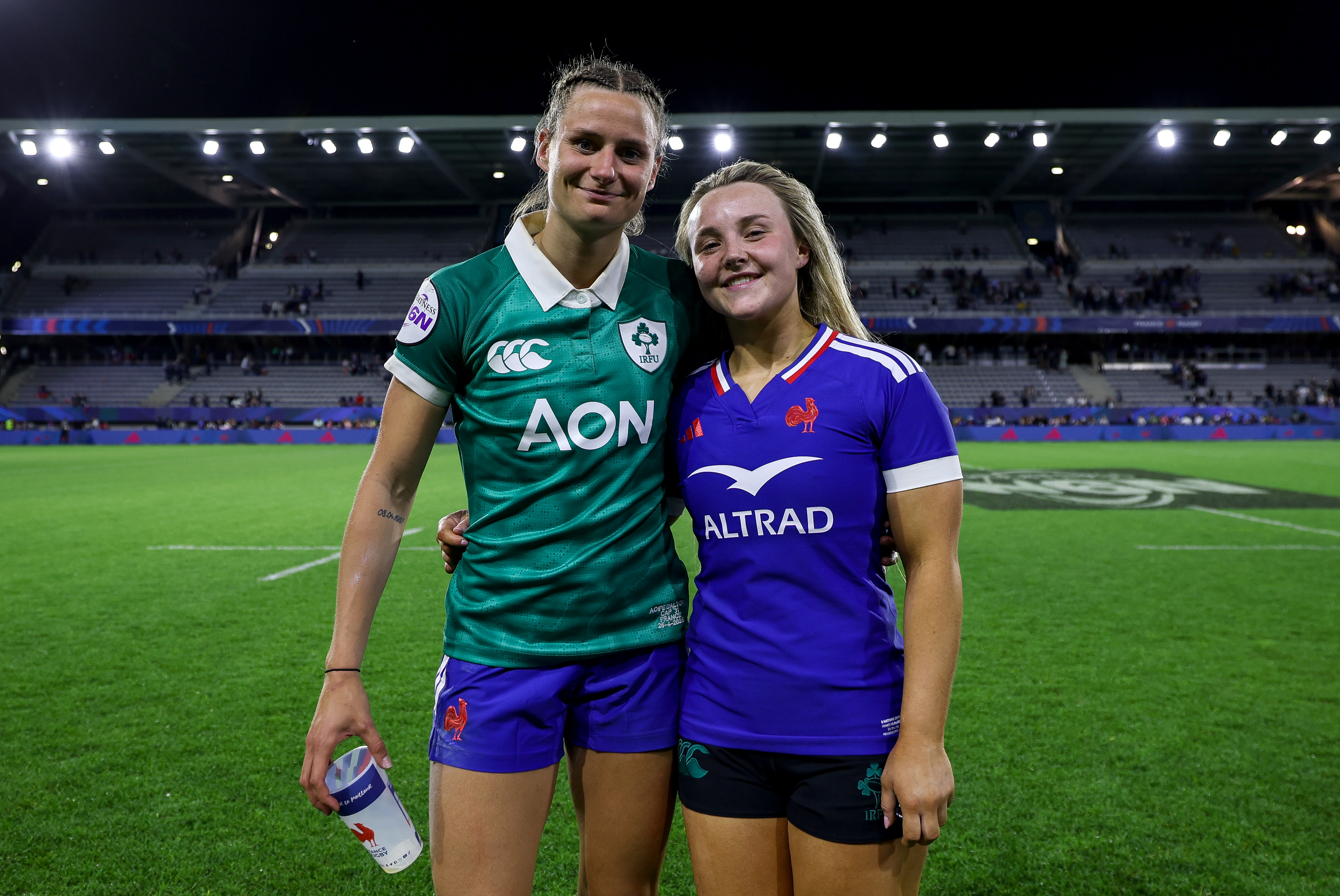 France's Aubane Rousset and Ireland's Aoife Dalton after the 2026 Guinness Women's Six Nations Championship Round 3 game between France and Ireland in Parc des Sports Marcel Michelin, Clermont-Ferrand