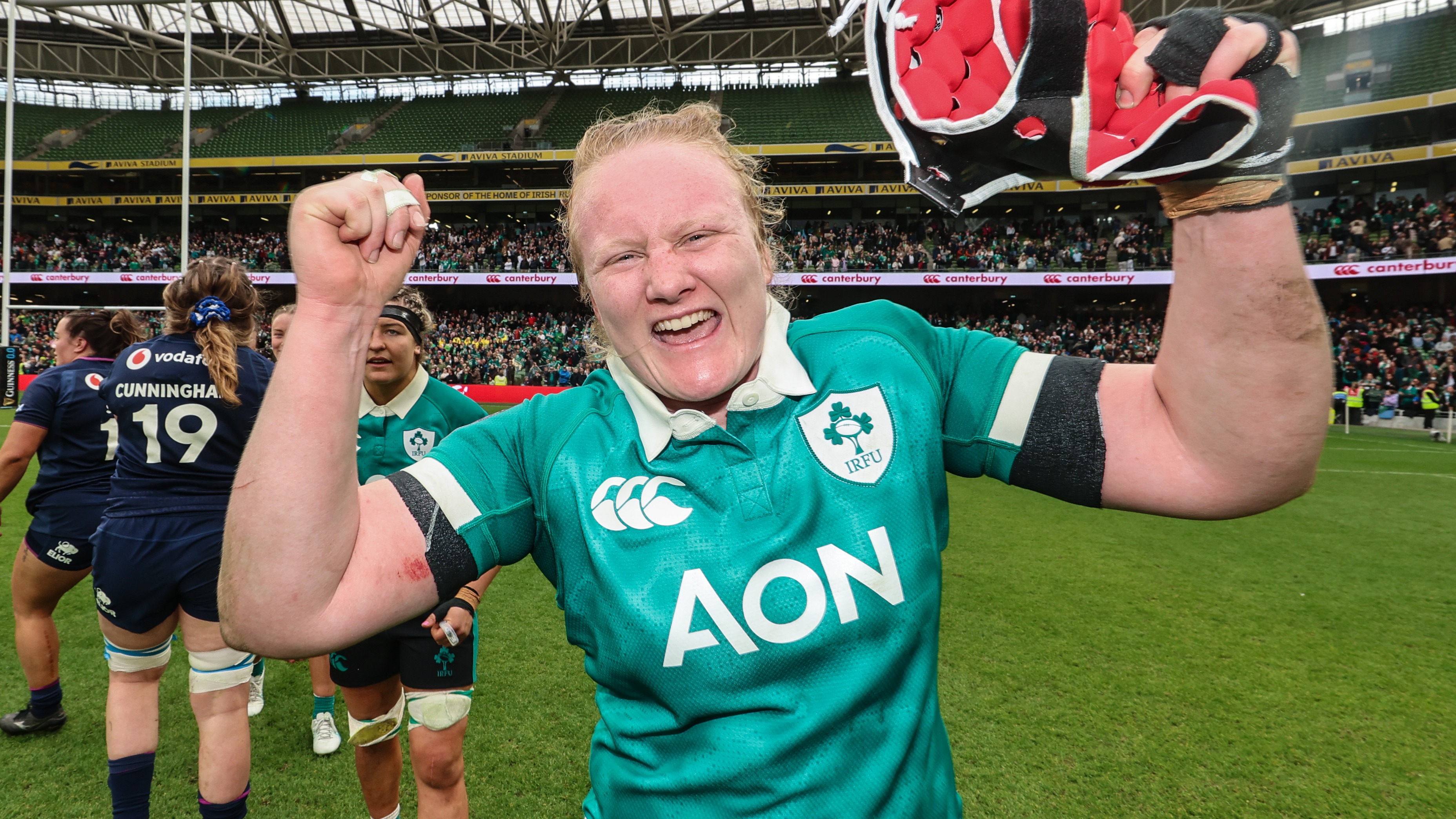 Ireland's Aoife Wafer celebrates after the 2026 Guinness Women's Six Nations Championship Round 5 game against Scotland in Aviva Stadium, Dublin