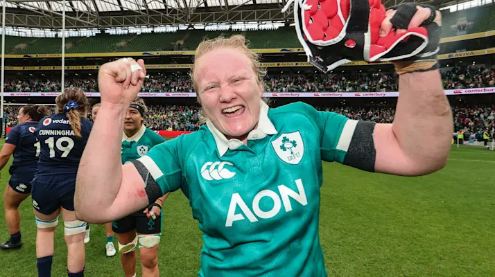 Ireland's Aoife Wafer celebrates after the 2026 Guinness Women's Six Nations Championship Round 5 game against Scotland in Aviva Stadium, Dublin