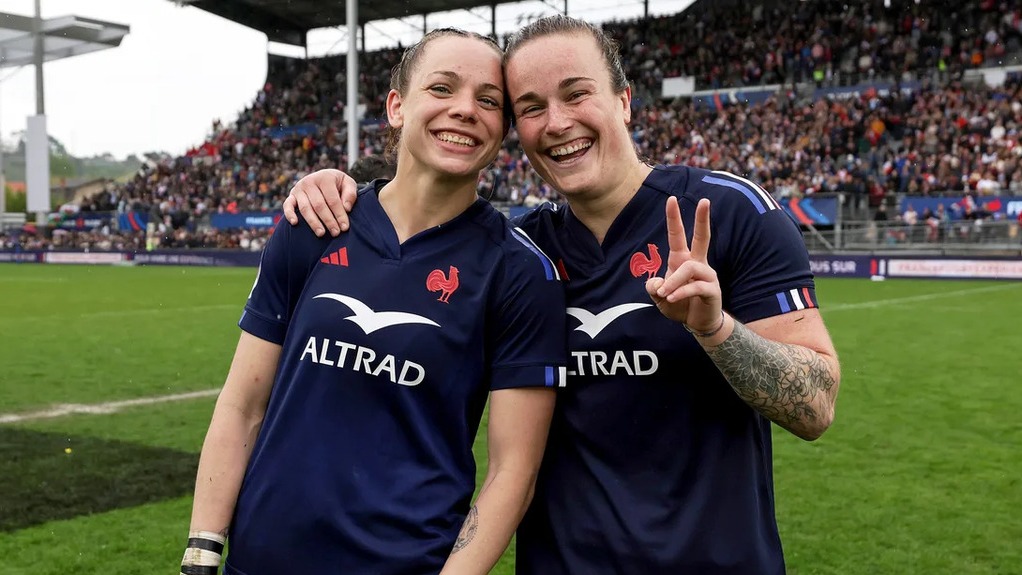 France's Marine Menager and Charlotte Escudero celebrate after the 2025 Six Nations win against Wales.