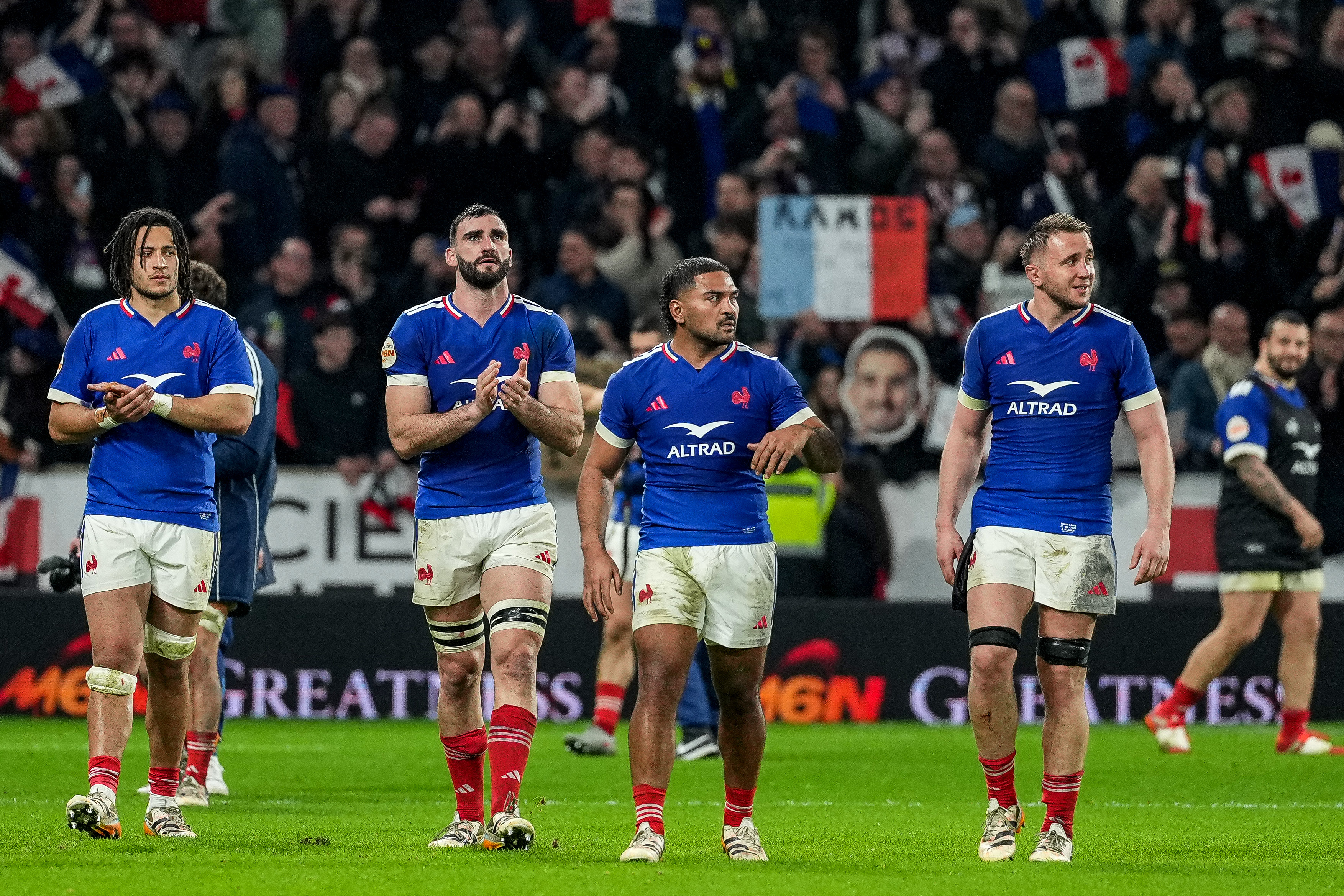 France's Mickael Guillard, Charles Ollivon, Peato Mauvaka and Anthony Jelonch celebrate after the 2026 Guinness Six Nations Championship Round 3 game between France and Italy in Decathlon Arena, Lille, France, Sunday, February 22, 2026 (Photo by Dave Winter / Inpho)