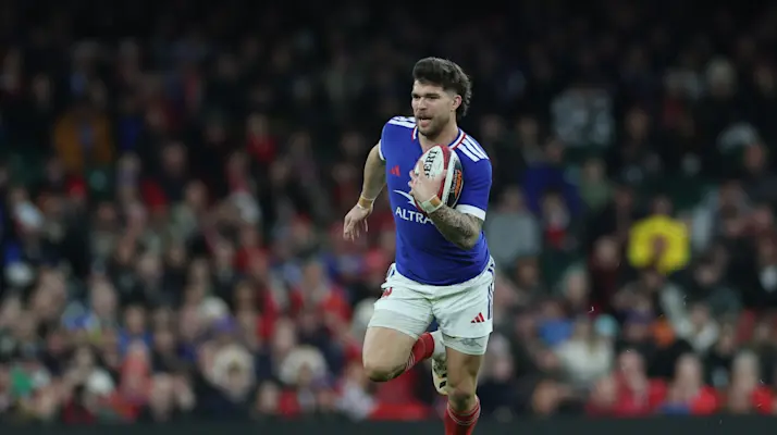Matthieu Jalibert runs with the ball against Wales in round two of the 2026 Championship.