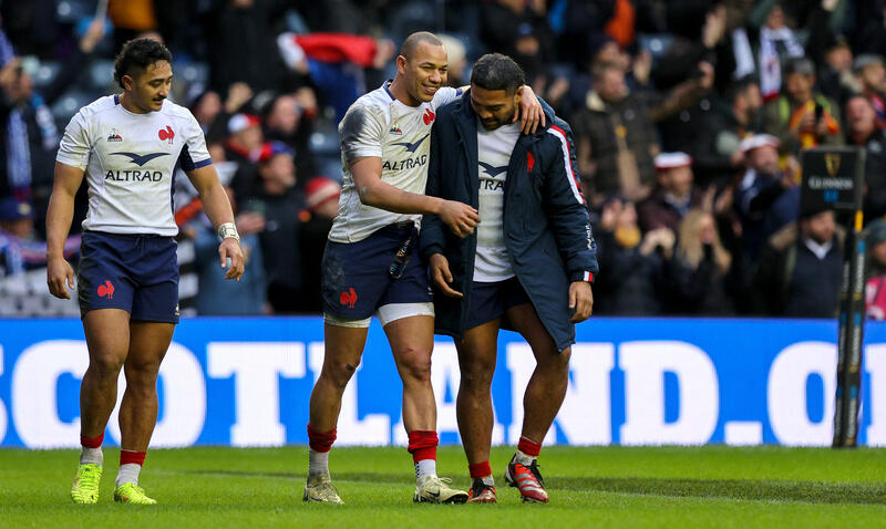 Yoram Moefana, Gael Fickou and Peato Mauvaka celebrate winning after the 2024 Guinness Six Nations Championship Round 2 between Scotland and France in Scottish Gas Murrayfield, Edinburgh, Scotland Saturday, February 10, 2024 (Photo by Ryan Byrne / Inpho) 