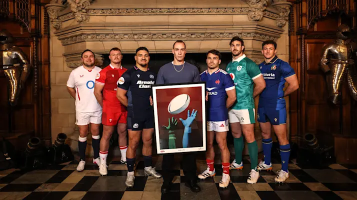 The 2026 Guinness Men's Six Nations captain stand with artist Tanguy and his Championship artwork in Edinburgh Castle.