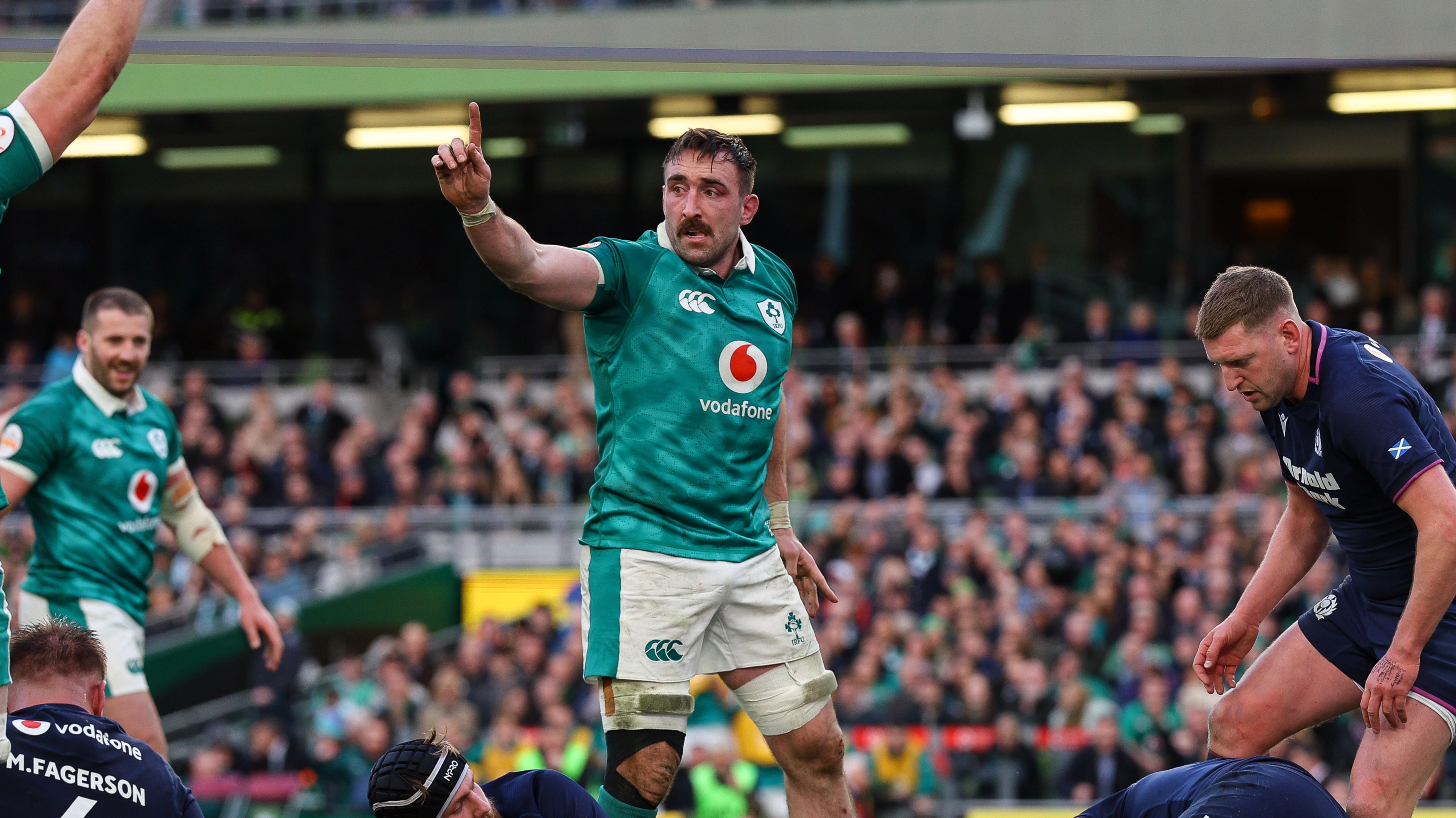Ireland's Jack Conan celebrates as Darragh Murray scores his side's fourth try of the match during the 2026 Guinness Six Nations Championship Round 5 game between Ireland and Scotland in the Aviva Stadium, Dublin, 
