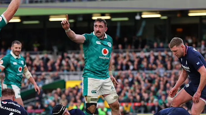 Ireland's Jack Conan celebrates as Darragh Murray scores his side's fourth try of the match during the 2026 Guinness Six Nations Championship Round 5 game between Ireland and Scotland in the Aviva Stadium, Dublin,