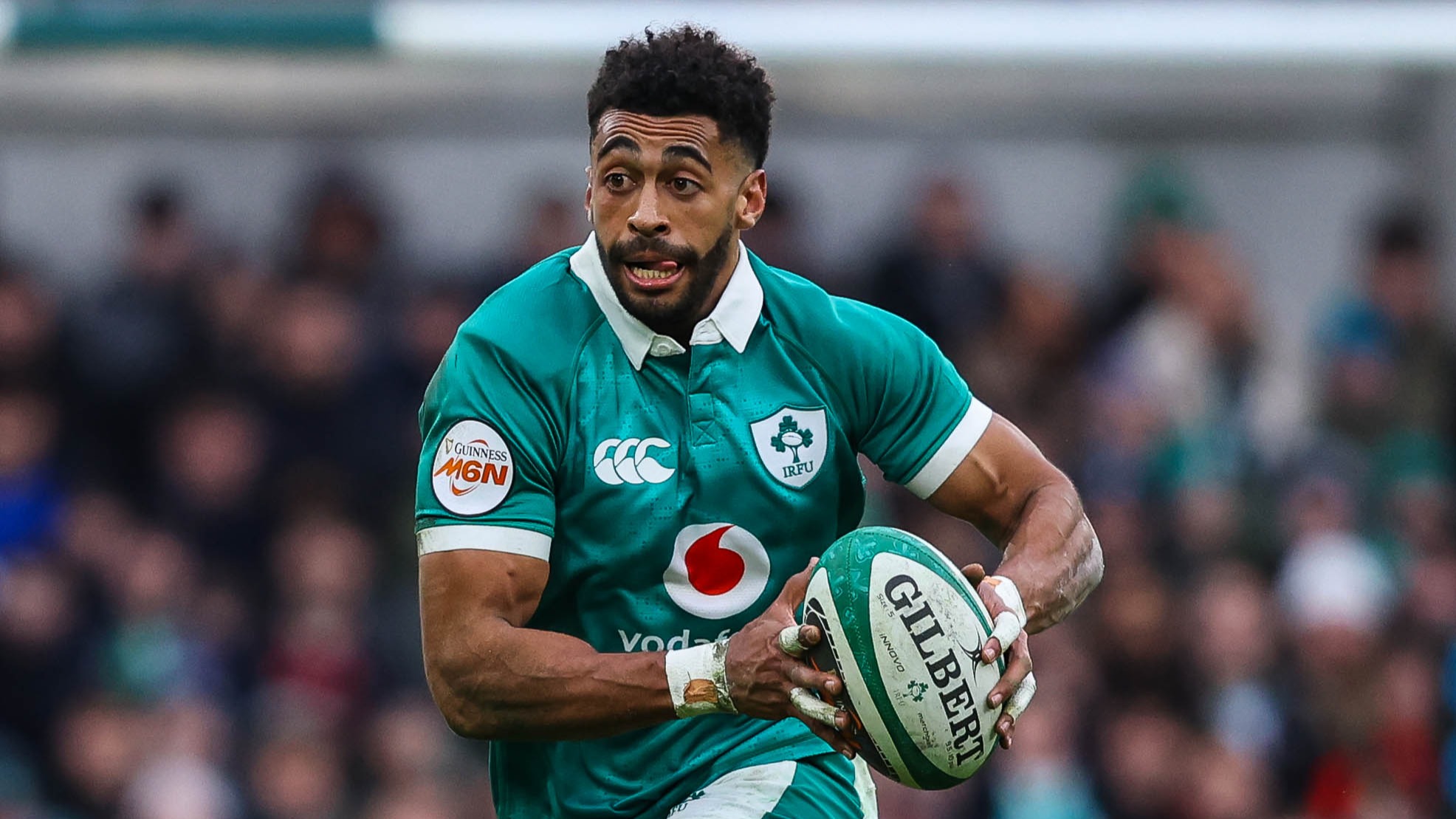 Robert Baloucoune carries the ball against Italy during the 2026 Championship match in Dublin.