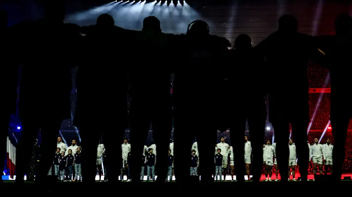 A view of the France team during the national anthems ahead of the 2026 Guinness Six Nations Championship Round 1 game between France and Ireland in Stade de France, Paris, France, Thursday, February 5, 2026 (Photo by Nick Elliott / Inpho)