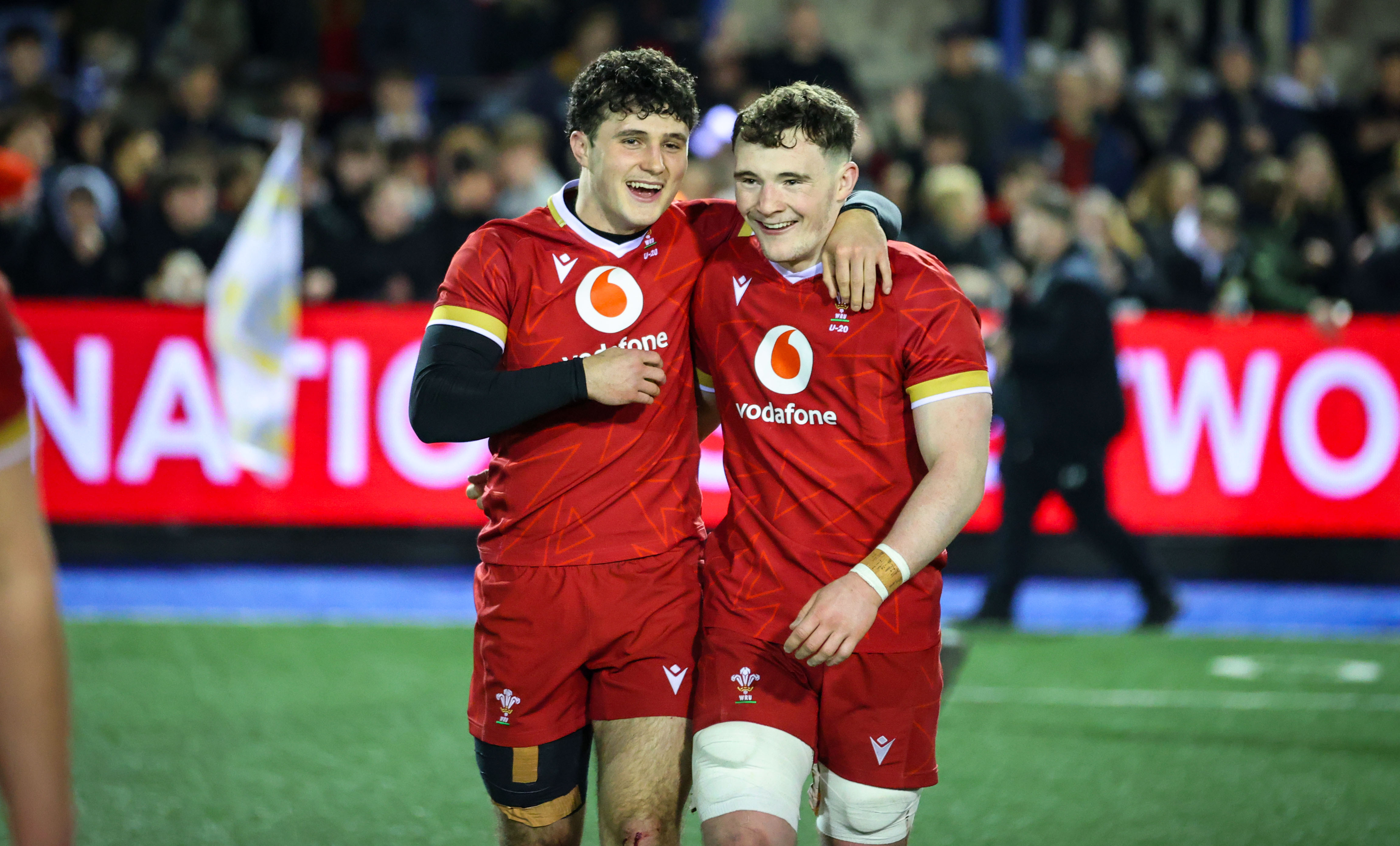 Wales' Harri Wilde and Caio James after their U20 Six Nations victory against England at Cardiff Arms Park in 2025.