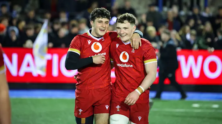 Wales' Harri Wilde and Caio James after their U20 Six Nations victory against England at Cardiff Arms Park in 2025.