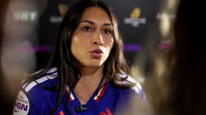 France's Manae Feleu speaks to the media during the 2026 Guinness Women’s Six Nations Launch in Guinness Old Brewer’s Yard, London, England, Wednesday, March 25, 2026