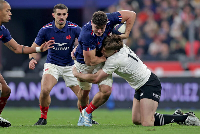 France's Paul Boudehent is tackled during the Autumn Nations Series between France and New Zealand at Stade de France, Paris, France Saturday, November 16th, 2024 (Photo by Laszlo Geczo / Inpho)