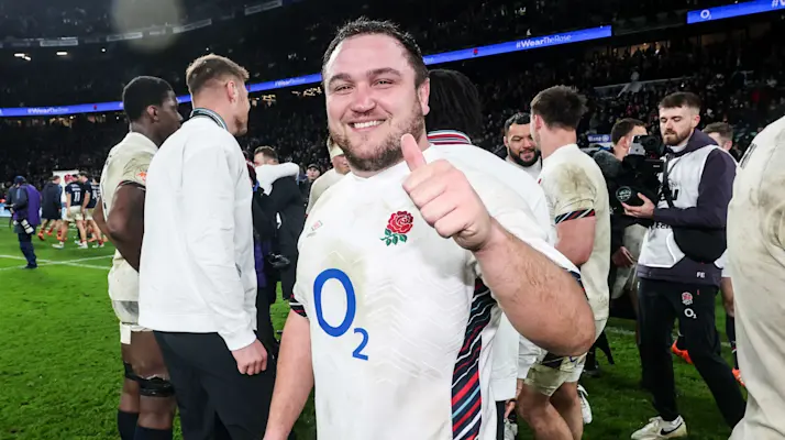 Jamie George celebrating victory against Scotland - M6N 2025