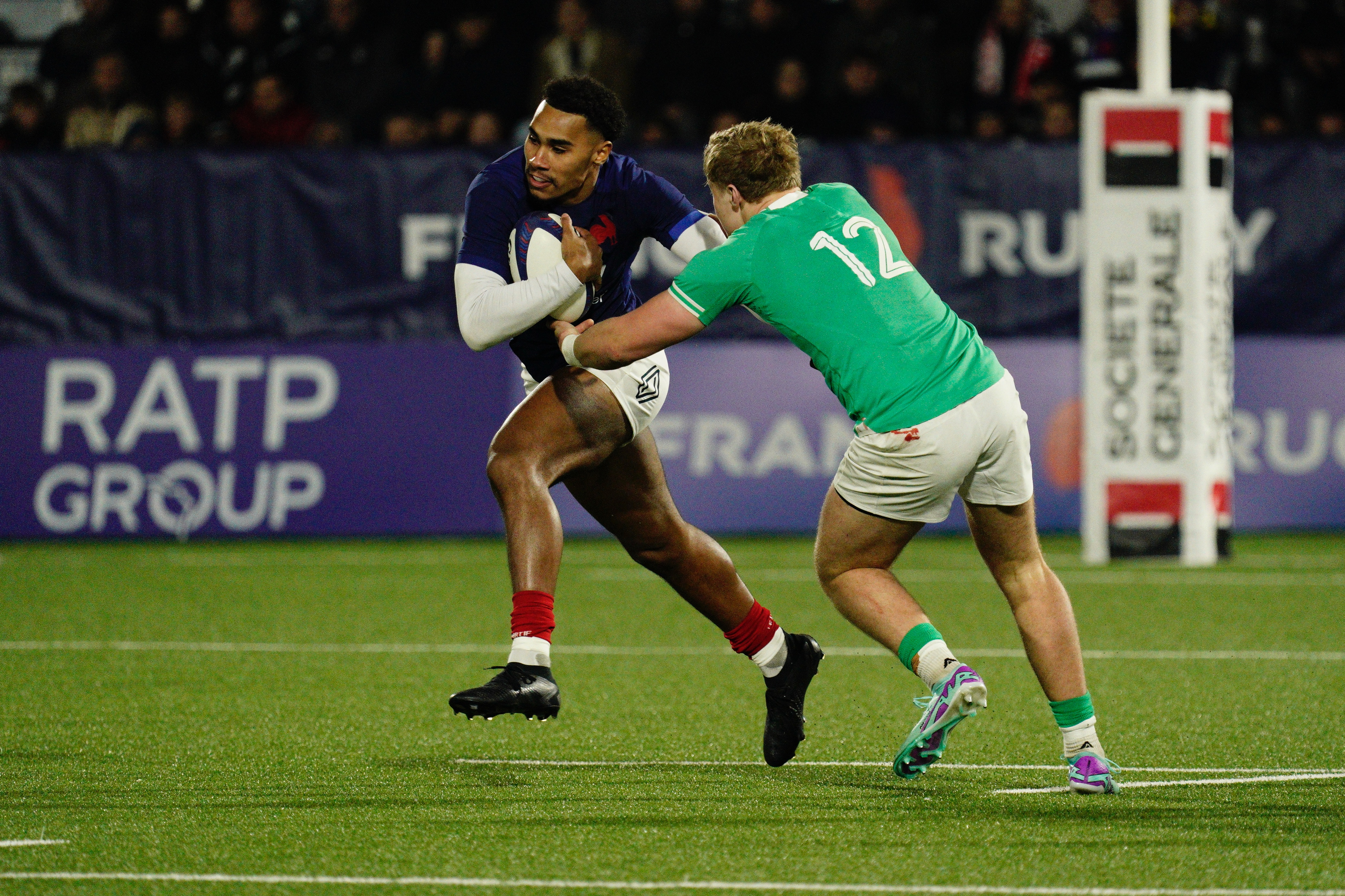 Noah Nene of France takes on Hugh Gavin of Ireland during the 2024 Under 20 Six Nations Championship Round 1 between France U20 and Ireland U20 in the Stade Maurice David, Aix-en-Provence, France, February 3, 2024 (Photo by Dave Winter / Inpho) 
